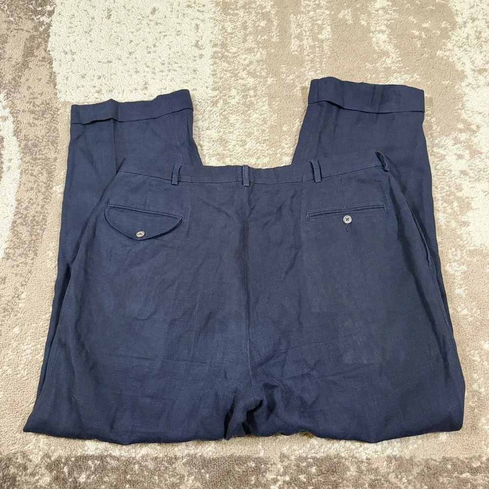 VTG Polo Ralph Lauren Pants Men's 36x30 Blue Pleated 100% Linen Dress Cuffed